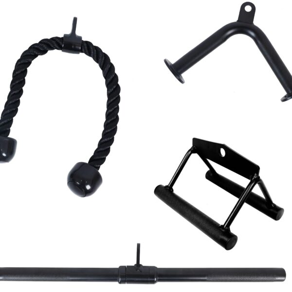 Fitvids Tricep Press Down Cable Attachment, LAT Pulldown Attachment, Weight Machine Accessories, V Handle with Rotation, Tricep Rope, Rotating Bar, V-Shaped Bar, 4-Piece